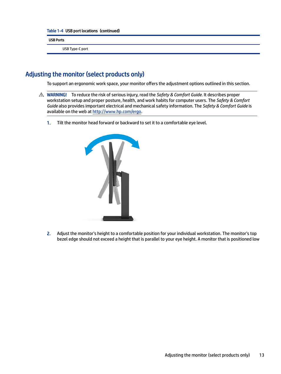Adjusting the monitor (select products only) | HP M24 23.8" Webcam Monitor User Manual | Page 18 / 38