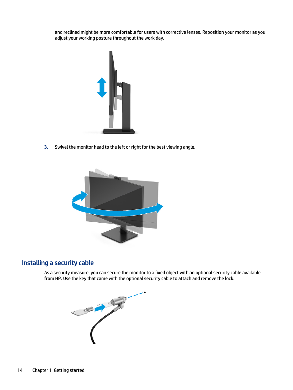 Installing a security cable | HP M24 23.8" Webcam Monitor User Manual | Page 19 / 38