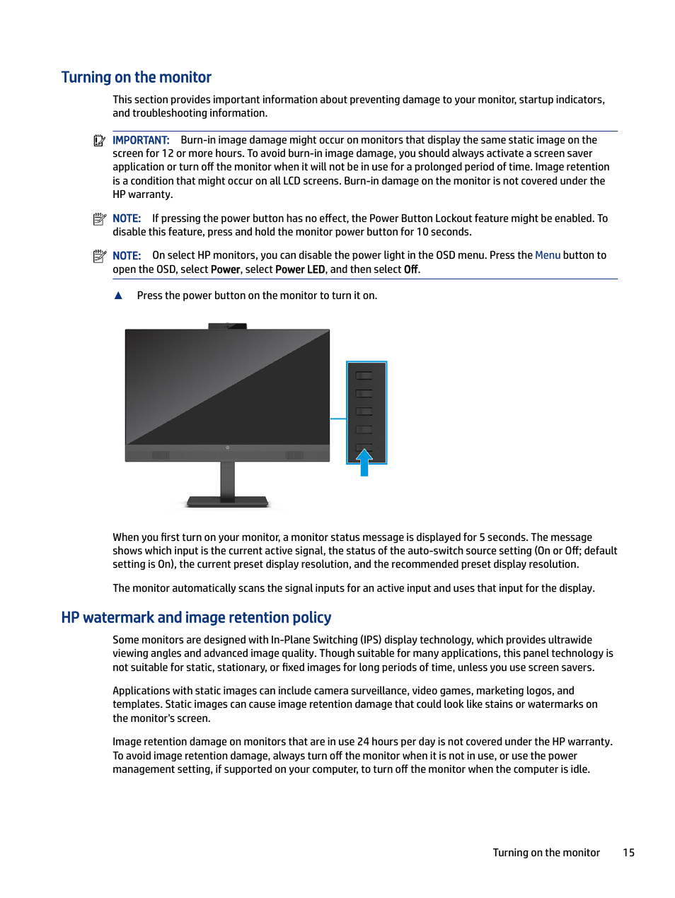 Turning on the monitor, Hp watermark and image retention policy | HP M24 23.8" Webcam Monitor User Manual | Page 20 / 38