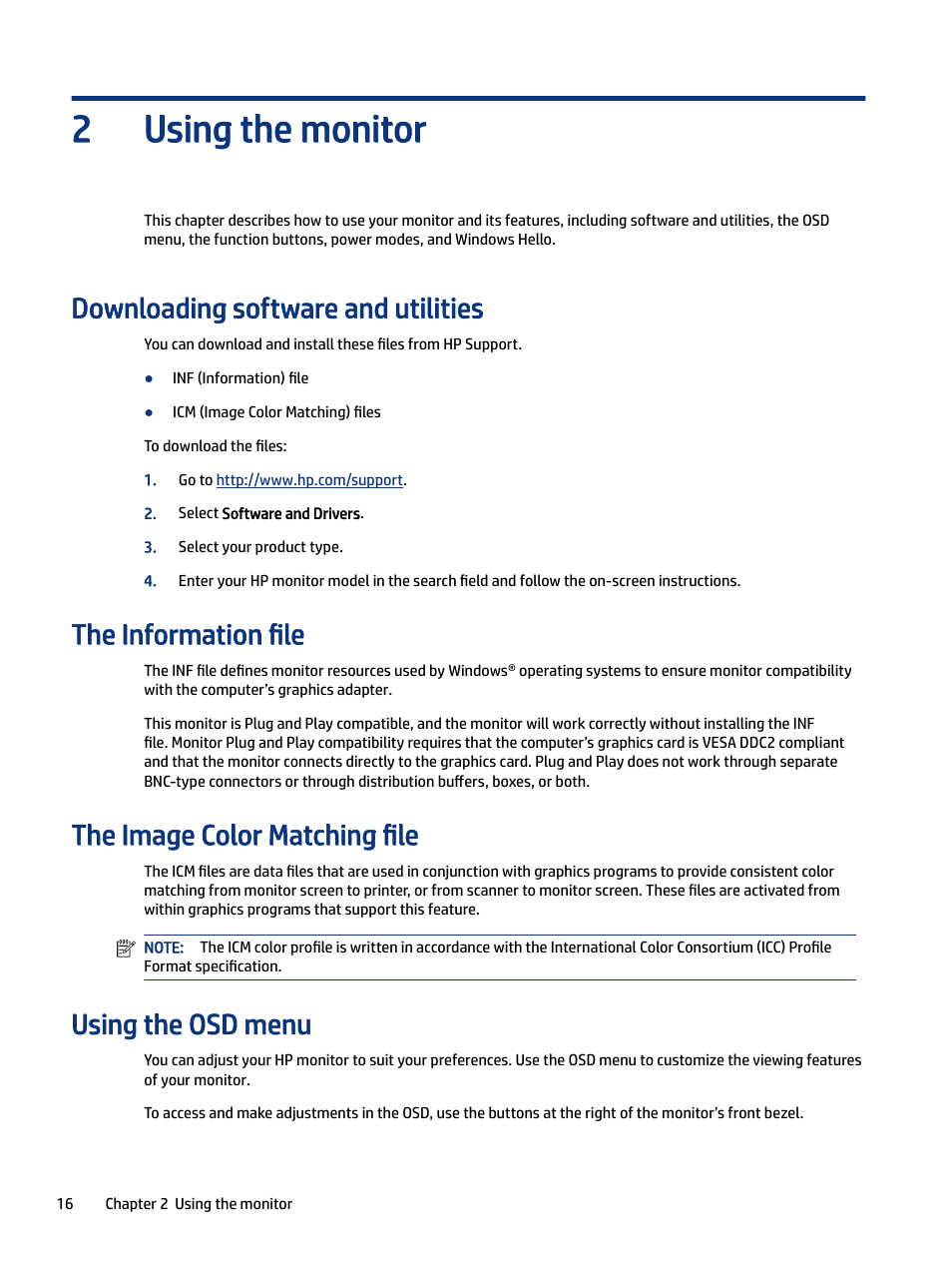 Using the monitor, Downloading software and utilities, The information file | The image color matching file, Using the osd menu, Sing the monitor, Using the monitor 2 | HP M24 23.8" Webcam Monitor User Manual | Page 21 / 38