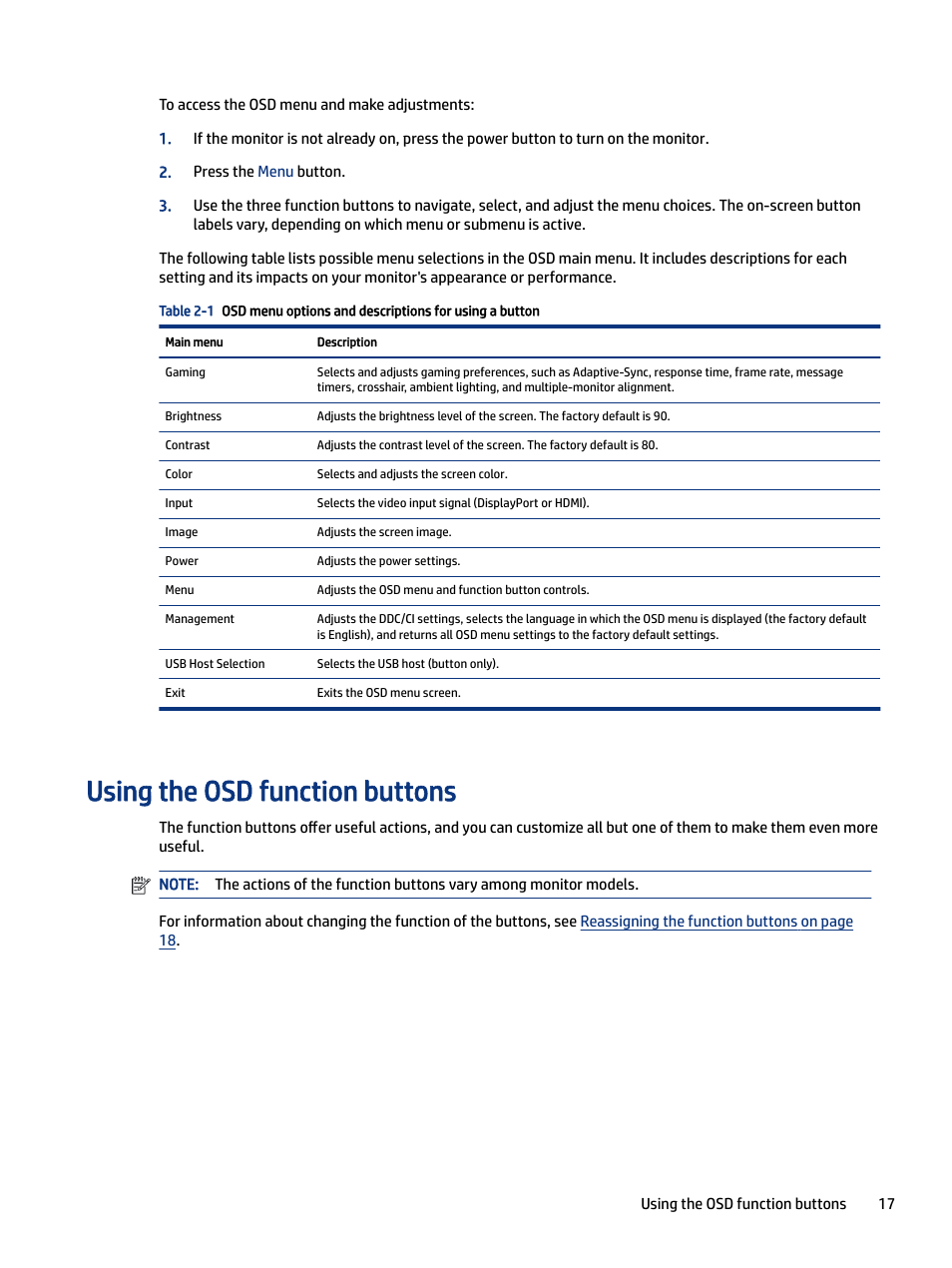 Using the osd function buttons, Functions, see | HP M24 23.8" Webcam Monitor User Manual | Page 22 / 38