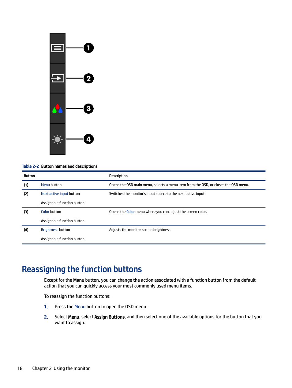 Reassigning the function buttons, Tions. see | HP M24 23.8" Webcam Monitor User Manual | Page 23 / 38