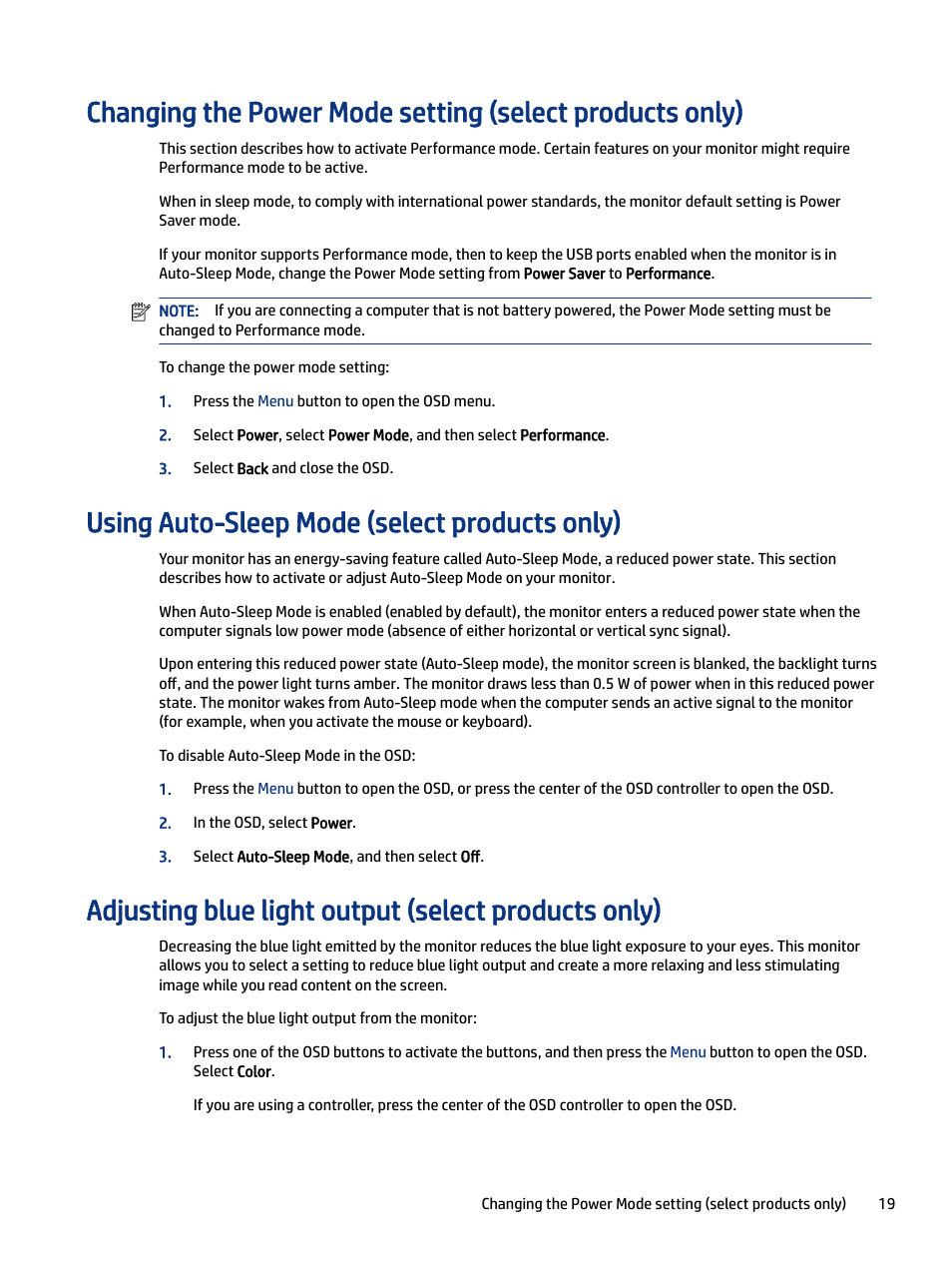 Using auto-sleep mode (select products only), Adjusting blue light output (select products only) | HP M24 23.8" Webcam Monitor User Manual | Page 24 / 38