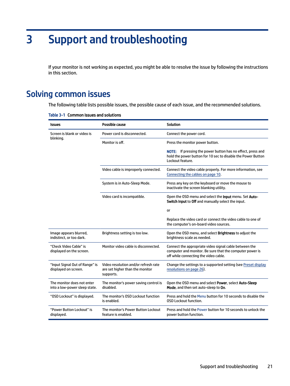 Support and troubleshooting, Solving common issues, Solving common issues button lockouts | Support and troubleshooting 3 | HP M24 23.8" Webcam Monitor User Manual | Page 26 / 38
