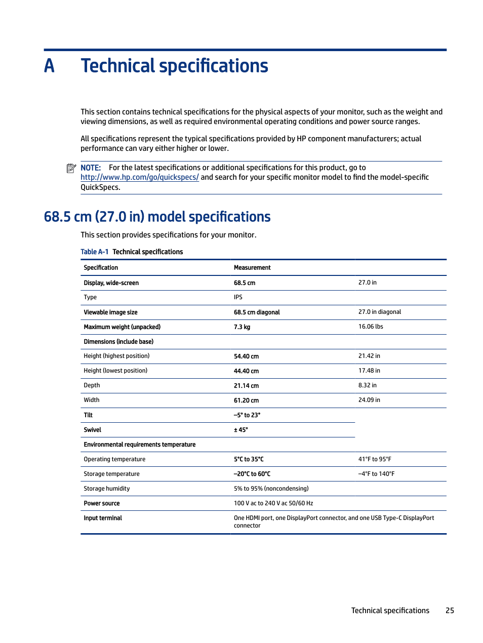 Technical specifications, 5 cm (27.0 in) model specifications, Pendix a technical specifications | Technical specifications a | HP M24 23.8" Webcam Monitor User Manual | Page 30 / 38