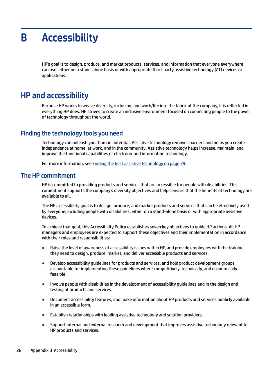 Accessibility, Hp and accessibility, Finding the technology tools you need | The hp commitment, Pendix b accessibility, Assessing your needs accessibility for hp products, Standards and legislation, Standards, Legislation and regulations, Useful accessibility resources and links | HP M24 23.8" Webcam Monitor User Manual | Page 33 / 38