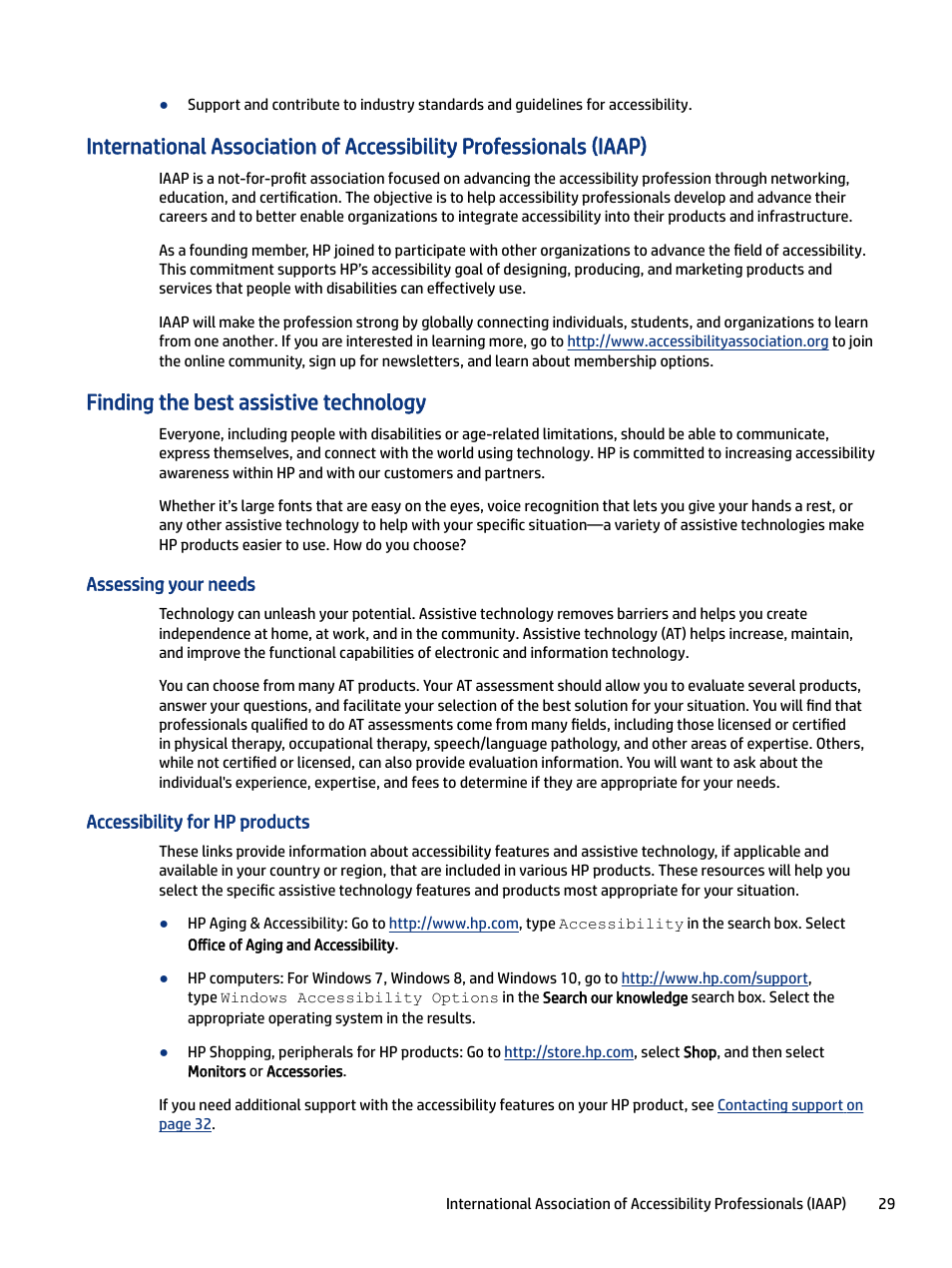 Finding the best assistive technology, Assessing your needs, Accessibility for hp products | HP M24 23.8" Webcam Monitor User Manual | Page 34 / 38