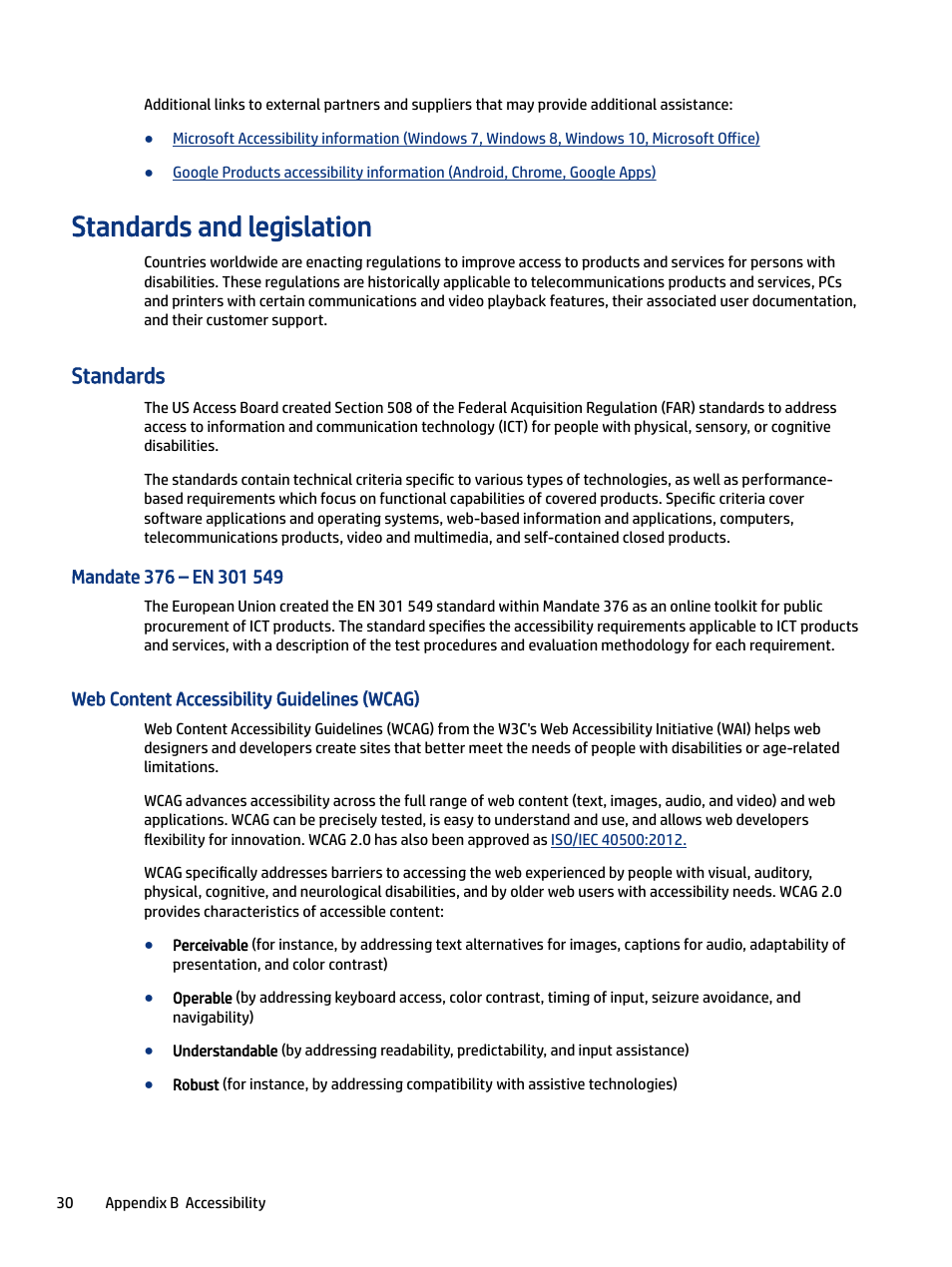 Standards and legislation, Standards, Mandate 376 – en 301 549 | Web content accessibility guidelines (wcag) | HP M24 23.8" Webcam Monitor User Manual | Page 35 / 38