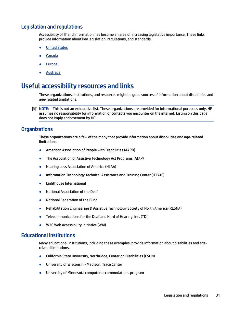 Legislation and regulations, Useful accessibility resources and links, Organizations | Educational institutions | HP M24 23.8" Webcam Monitor User Manual | Page 36 / 38
