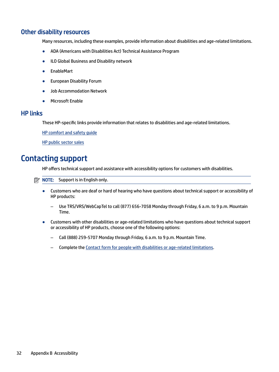 Other disability resources, Hp links, Contacting support | Contacting support on | HP M24 23.8" Webcam Monitor User Manual | Page 37 / 38
