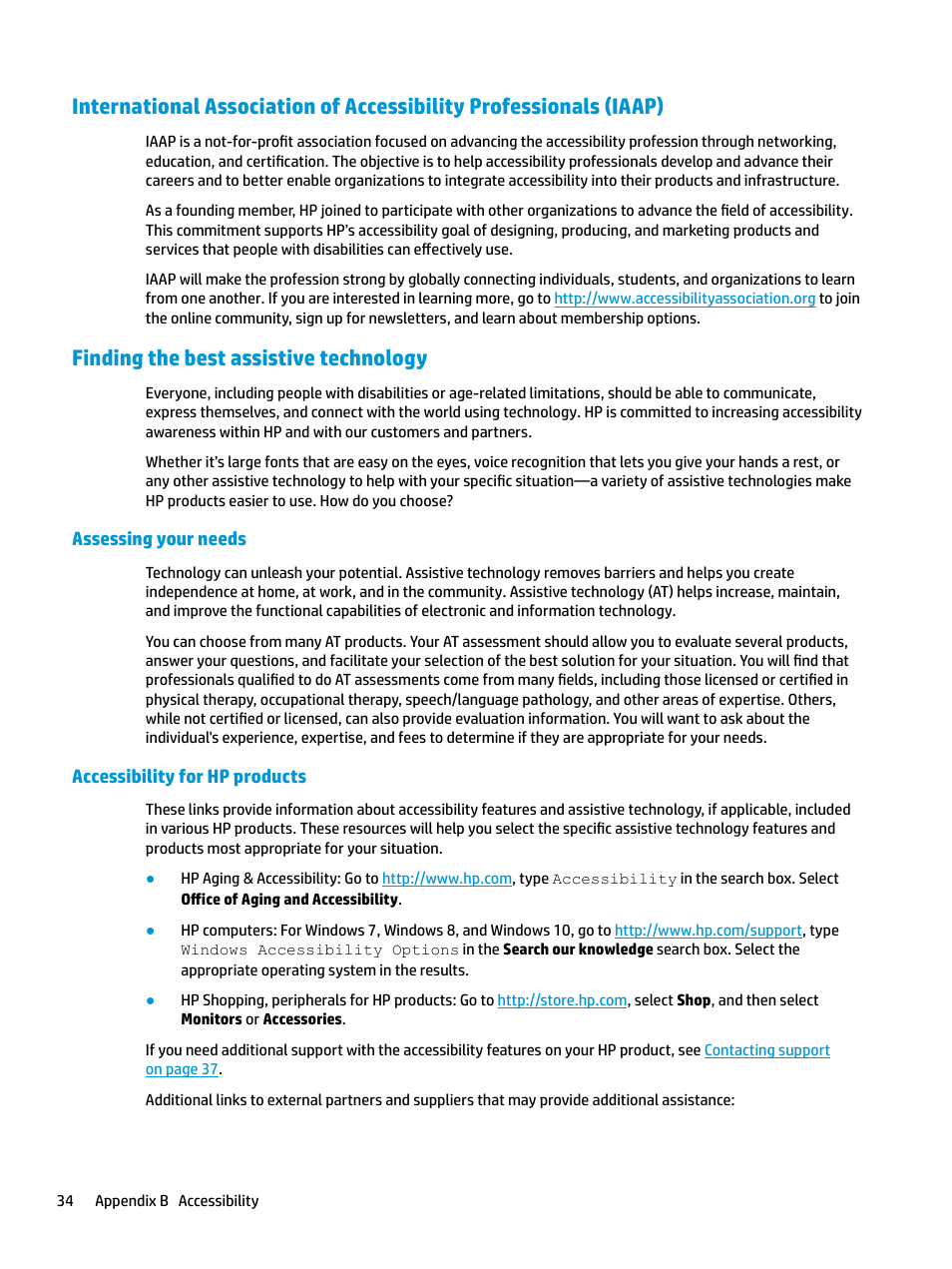 Finding the best assistive technology, Assessing your needs, Accessibility for hp products | Assessing your needs accessibility for hp products | HP Z31x 31.1" 17:9 DreamColor Studio Cinema 4K IPS Display User Manual | Page 42 / 45