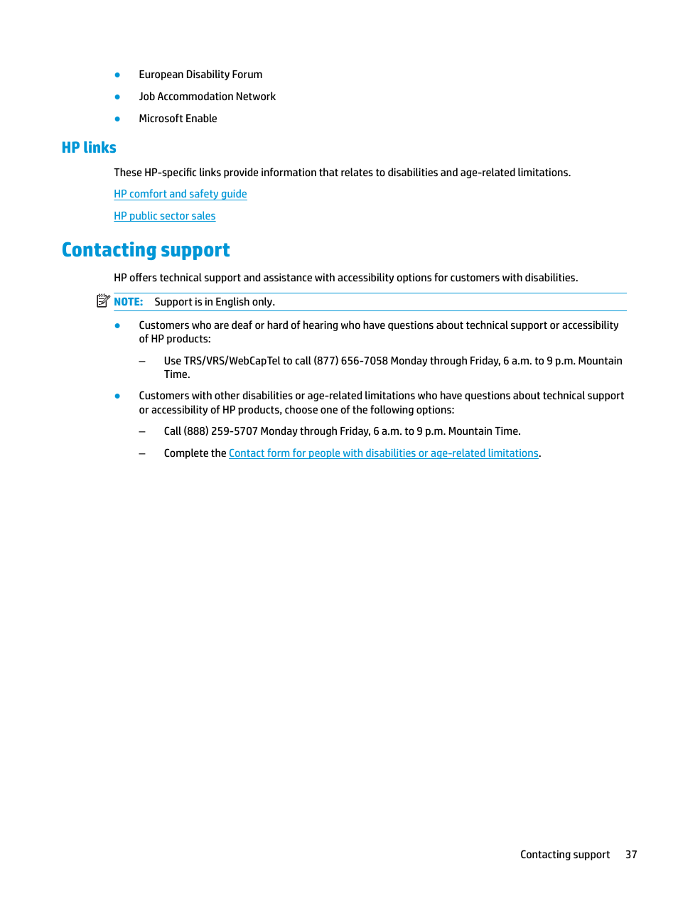 Hp links, Contacting support | HP Z31x 31.1" 17:9 DreamColor Studio Cinema 4K IPS Display User Manual | Page 45 / 45