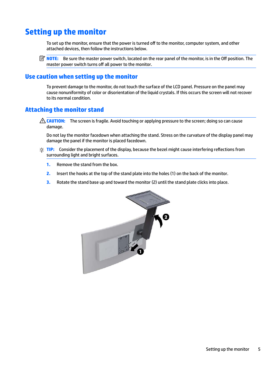 Setting up the monitor, Use caution when setting up the monitor, Attaching the monitor stand | HP Z38c 37.5" 21:9 Curved IPS Monitor (Smart Buy) User Manual | Page 11 / 30