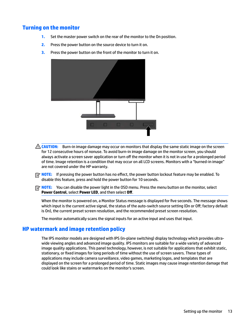 Turning on the monitor, Hp watermark and image retention policy | HP Z38c 37.5" 21:9 Curved IPS Monitor (Smart Buy) User Manual | Page 19 / 30