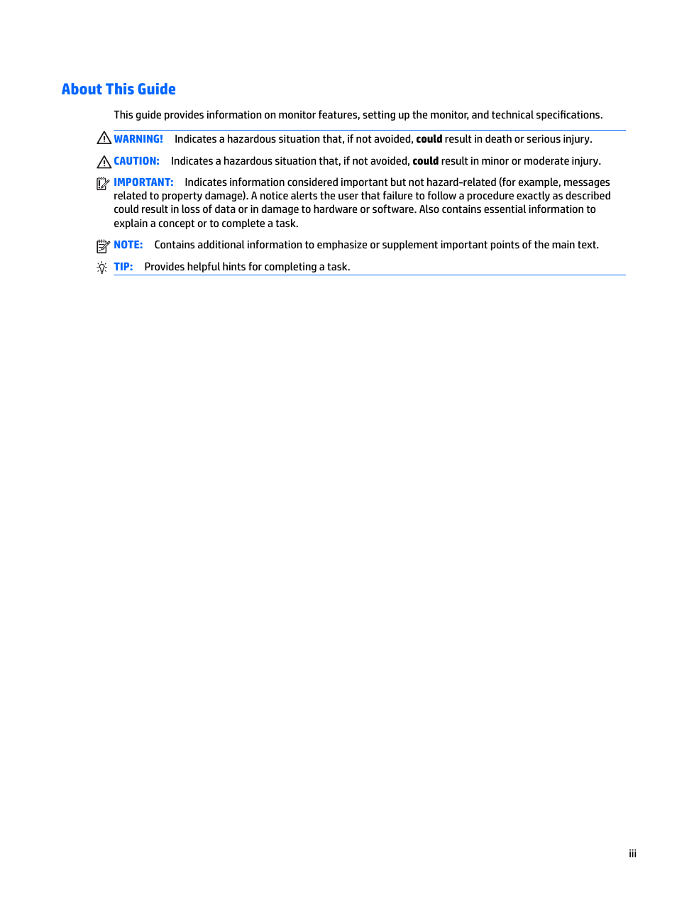 About this guide | HP L7016t 15.6" Retail Multi-Touch TN Monitor User Manual | Page 3 / 34