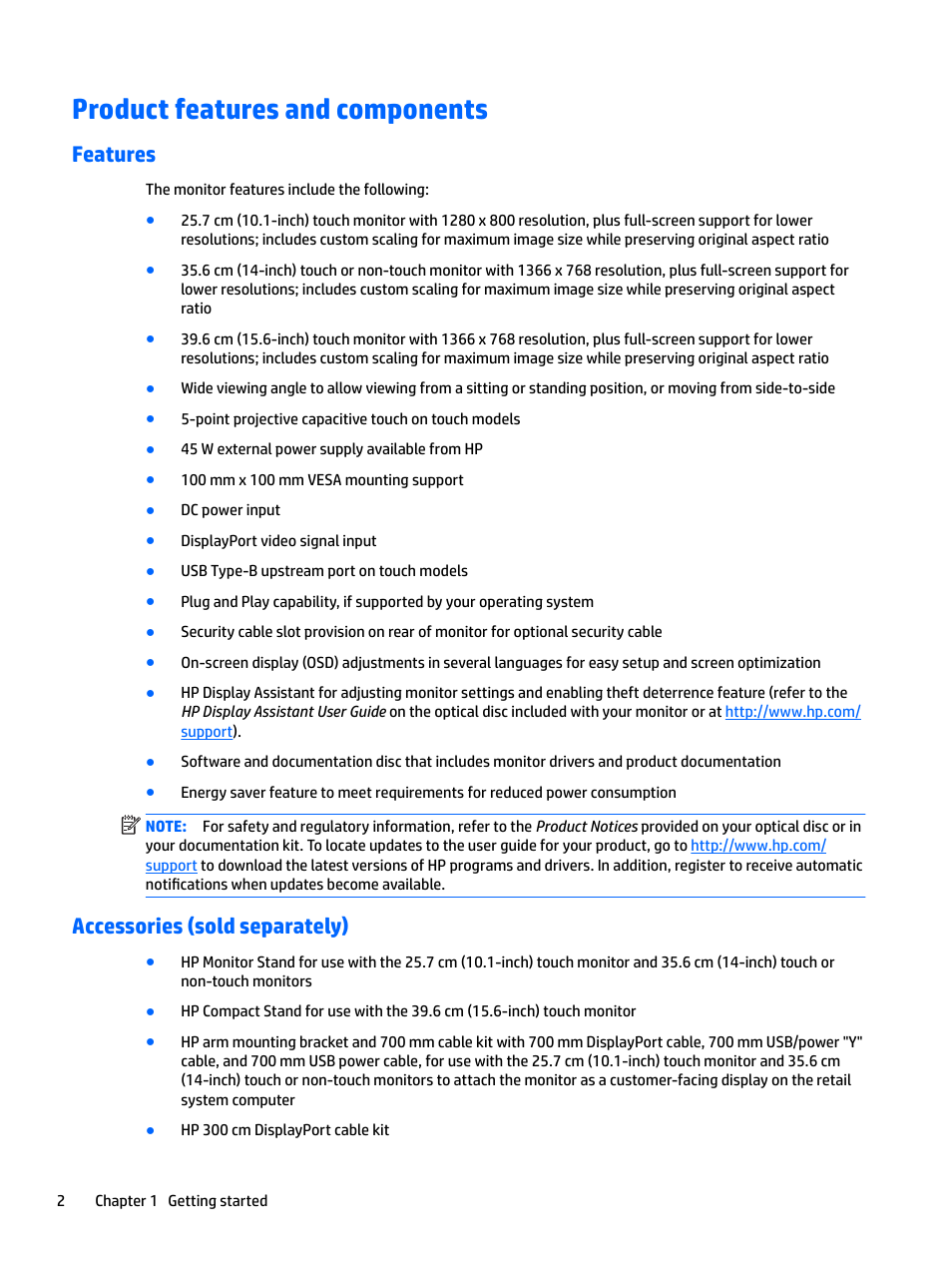 Product features and components, Features, Accessories (sold separately) | Features accessories (sold separately) | HP L7016t 15.6" Retail Multi-Touch TN Monitor User Manual | Page 8 / 34