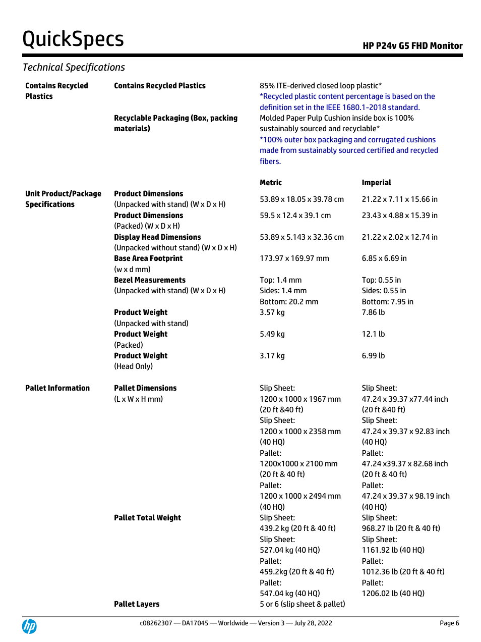 Quickspecs, Technical specifications | HP P24v G5 23.8" Monitor User Manual | Page 6 / 13