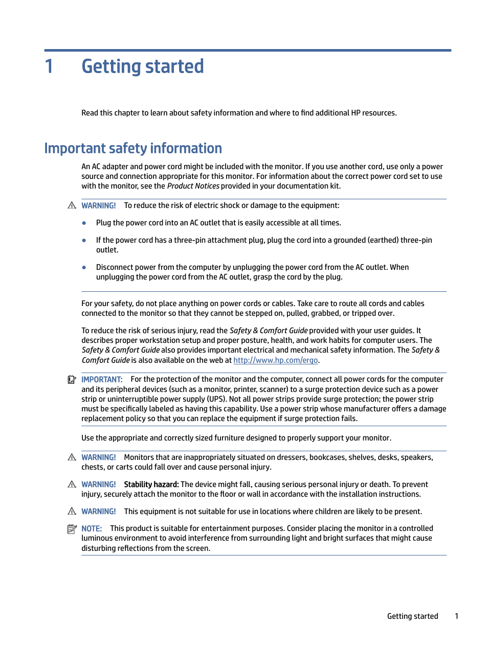 Getting started, Important safety information, Getting started 1 | HP P24 G4 23.8" 16:9 IPS Monitor User Manual | Page 6 / 37