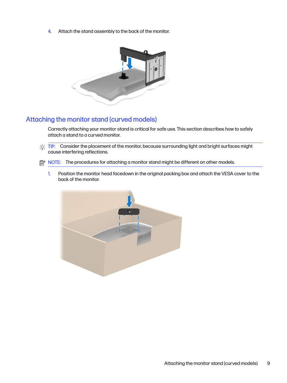 Attaching the monitor stand (curved models) | HP OMEN 27s 27" HDR 240 Hz Gaming Monitor User Manual | Page 14 / 49