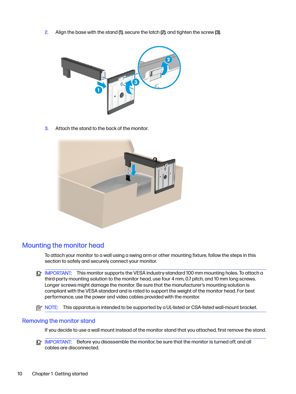 Mounting the monitor head, Removing the monitor stand | HP OMEN 27s 27" HDR 240 Hz Gaming Monitor User Manual | Page 15 / 49