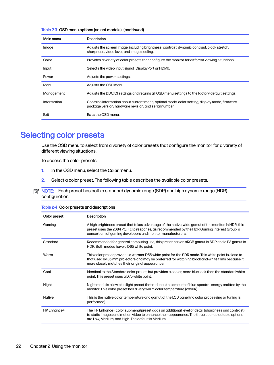 Selecting color presets | HP OMEN 27s 27" HDR 240 Hz Gaming Monitor User Manual | Page 27 / 49