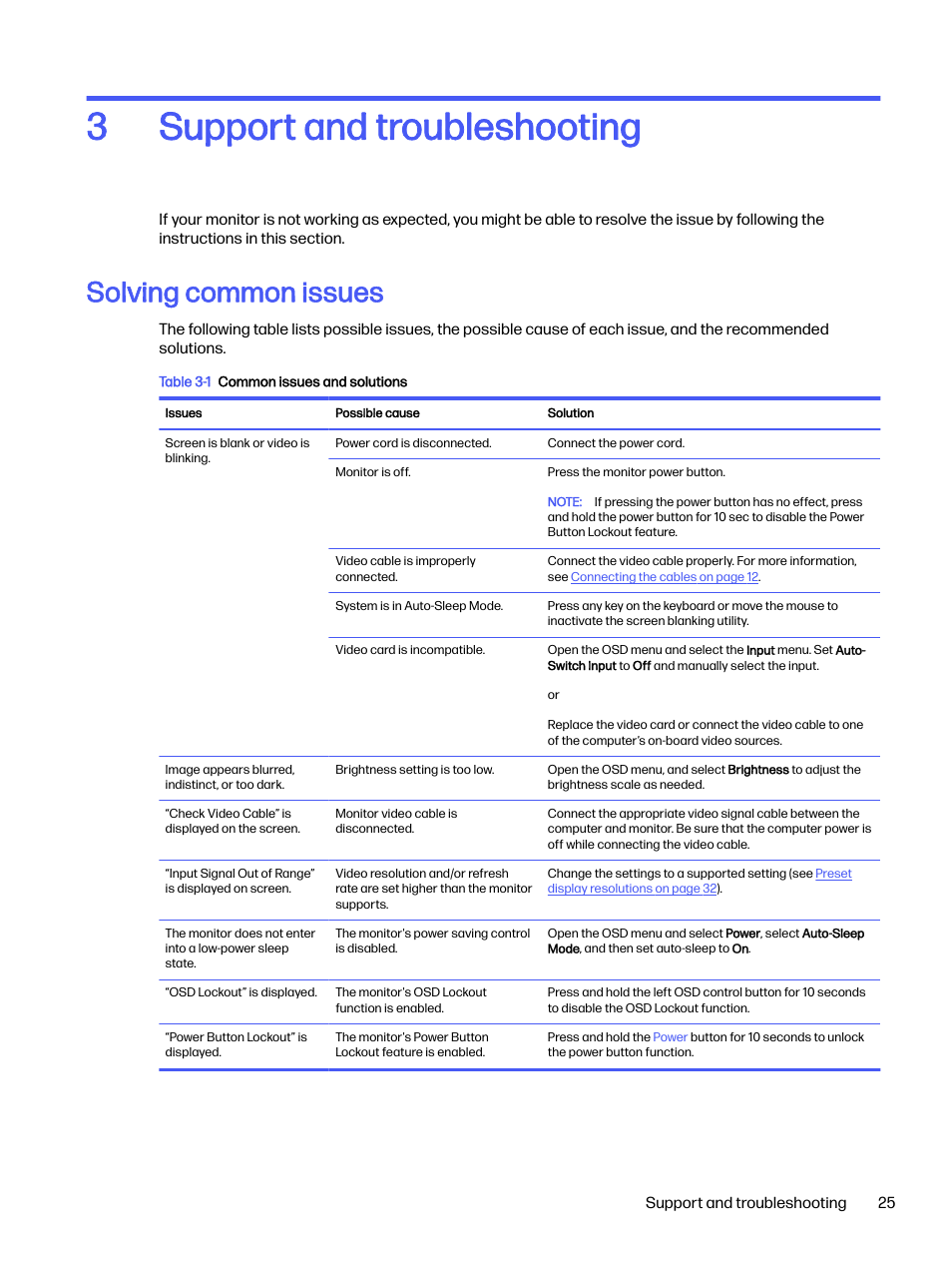 Support and troubleshooting, Solving common issues, 3 support and troubleshooting | Support and troubleshooting 3 | HP OMEN 27s 27" HDR 240 Hz Gaming Monitor User Manual | Page 30 / 49