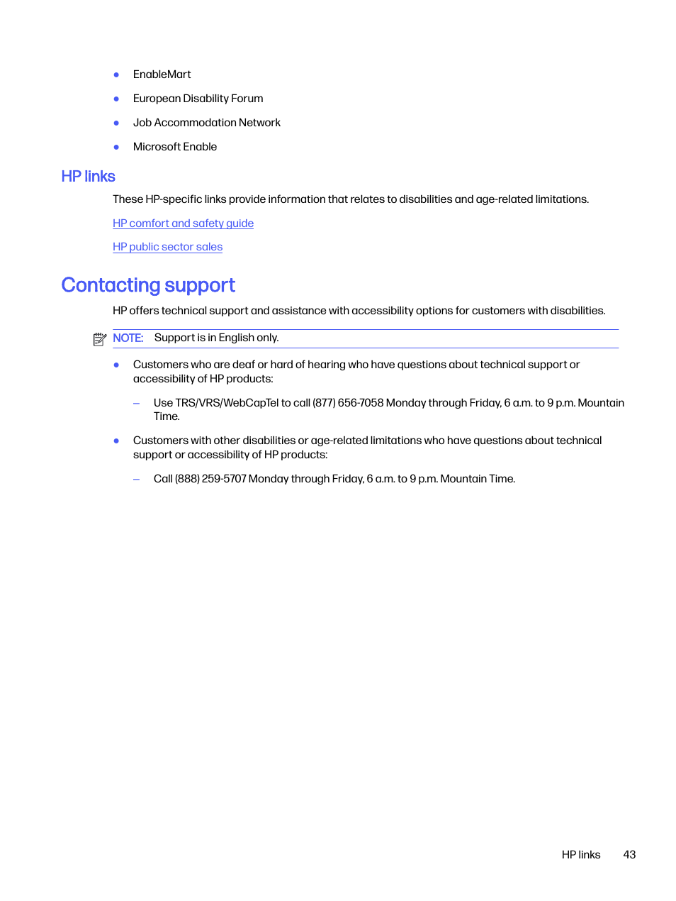 Hp links, Contacting support, Contacting | HP OMEN 27s 27" HDR 240 Hz Gaming Monitor User Manual | Page 48 / 49