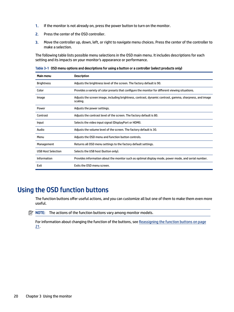 Using the osd function buttons | HP Z34C G3 34" 21:9 Curved WQHD IPS Monitor User Manual | Page 25 / 45