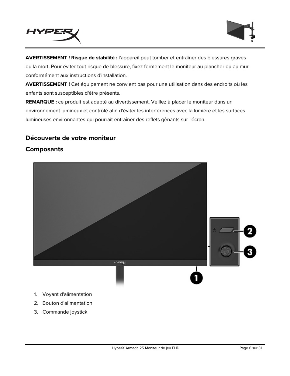 Découverte de votre moniteur, Composants, Découverte de votre moniteur composants | HyperX Armada 25 24.5" 240 Hz Gaming Monitor User Manual | Page 100 / 499