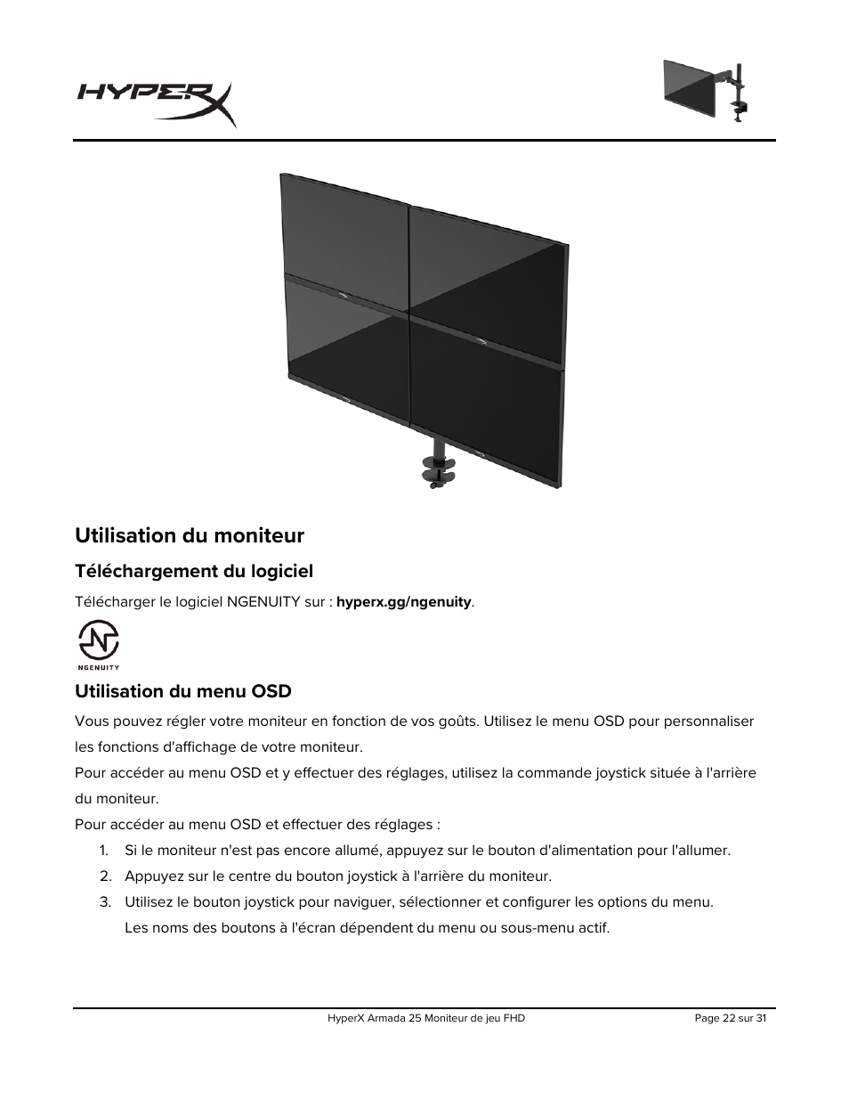 Utilisation du moniteur, Téléchargement du logiciel, Utilisation du menu osd | HyperX Armada 25 24.5" 240 Hz Gaming Monitor User Manual | Page 116 / 499