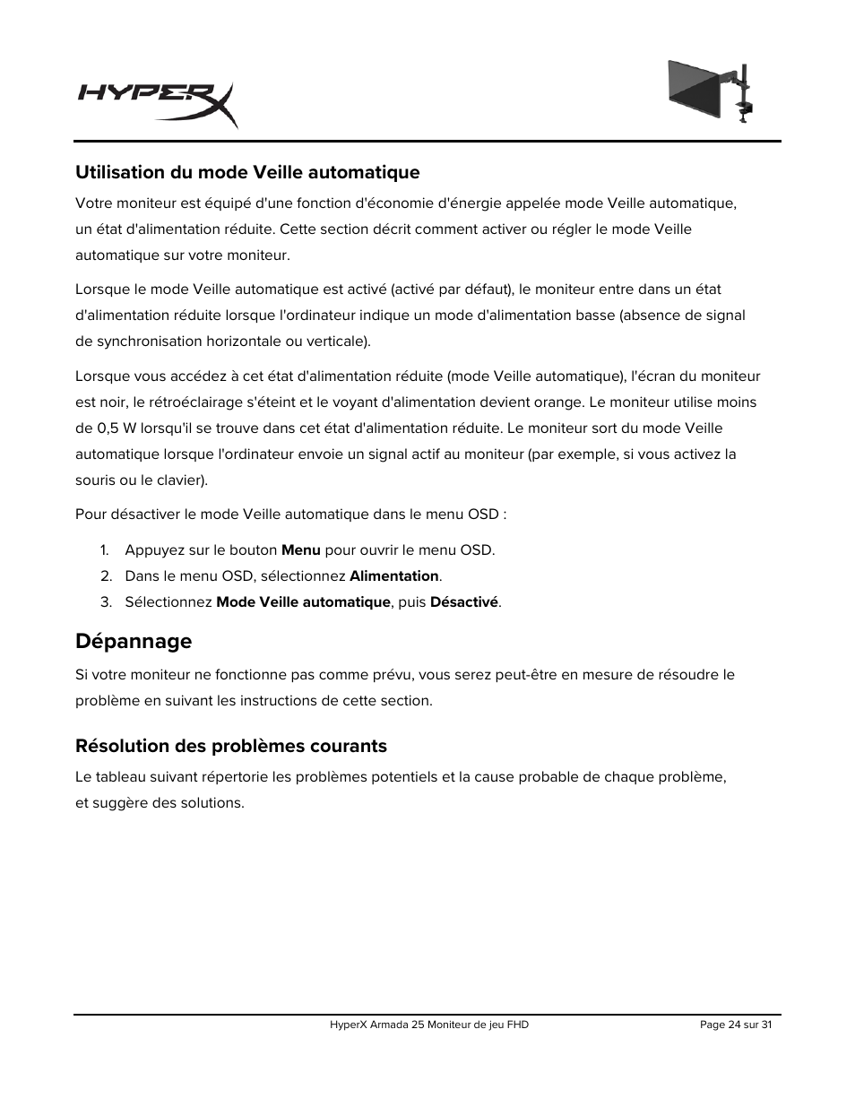 Utilisation du mode veille automatique, Dépannage, Résolution des problèmes courants | HyperX Armada 25 24.5" 240 Hz Gaming Monitor User Manual | Page 118 / 499