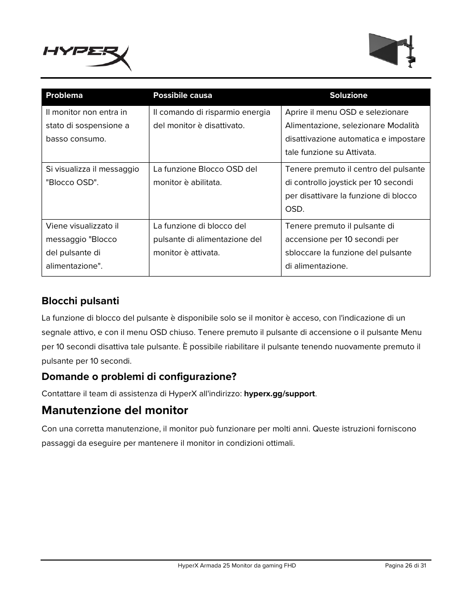 Blocchi pulsanti, Domande o problemi di configurazione, Manutenzione del monitor | HyperX Armada 25 24.5" 240 Hz Gaming Monitor User Manual | Page 151 / 499