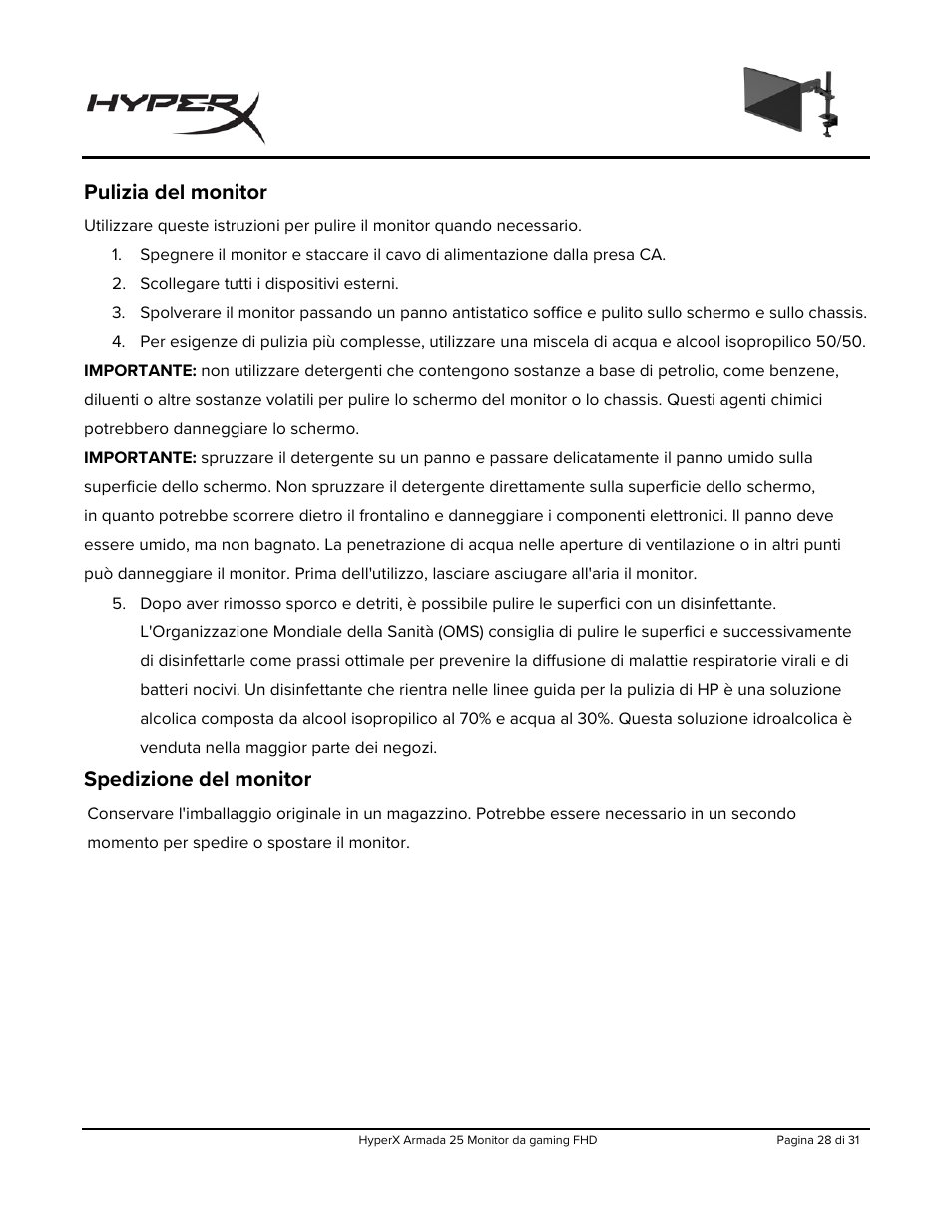 Pulizia del monitor, Spedizione del monitor | HyperX Armada 25 24.5" 240 Hz Gaming Monitor User Manual | Page 153 / 499