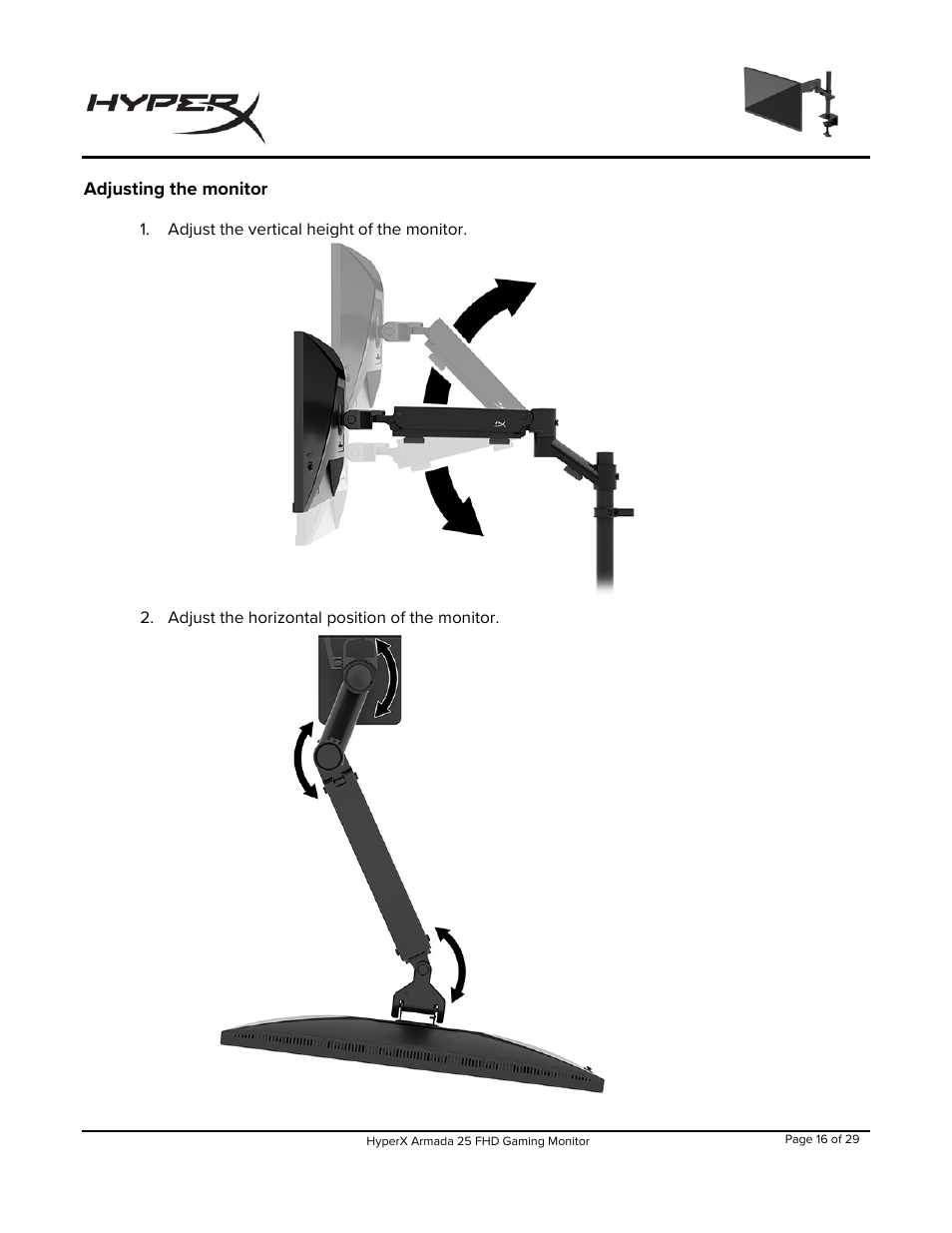 Adjusting the monitor | HyperX Armada 25 24.5" 240 Hz Gaming Monitor User Manual | Page 17 / 499