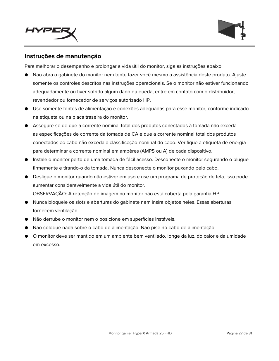 Instruções de manutenção | HyperX Armada 25 24.5" 240 Hz Gaming Monitor User Manual | Page 183 / 499