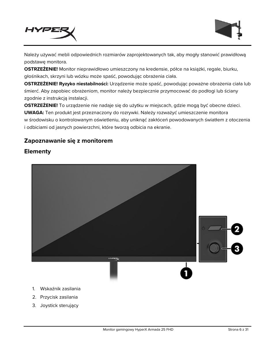 Zapoznawanie się z monitorem, Elementy, Zapoznawanie się z monitorem elementy | HyperX Armada 25 24.5" 240 Hz Gaming Monitor User Manual | Page 193 / 499