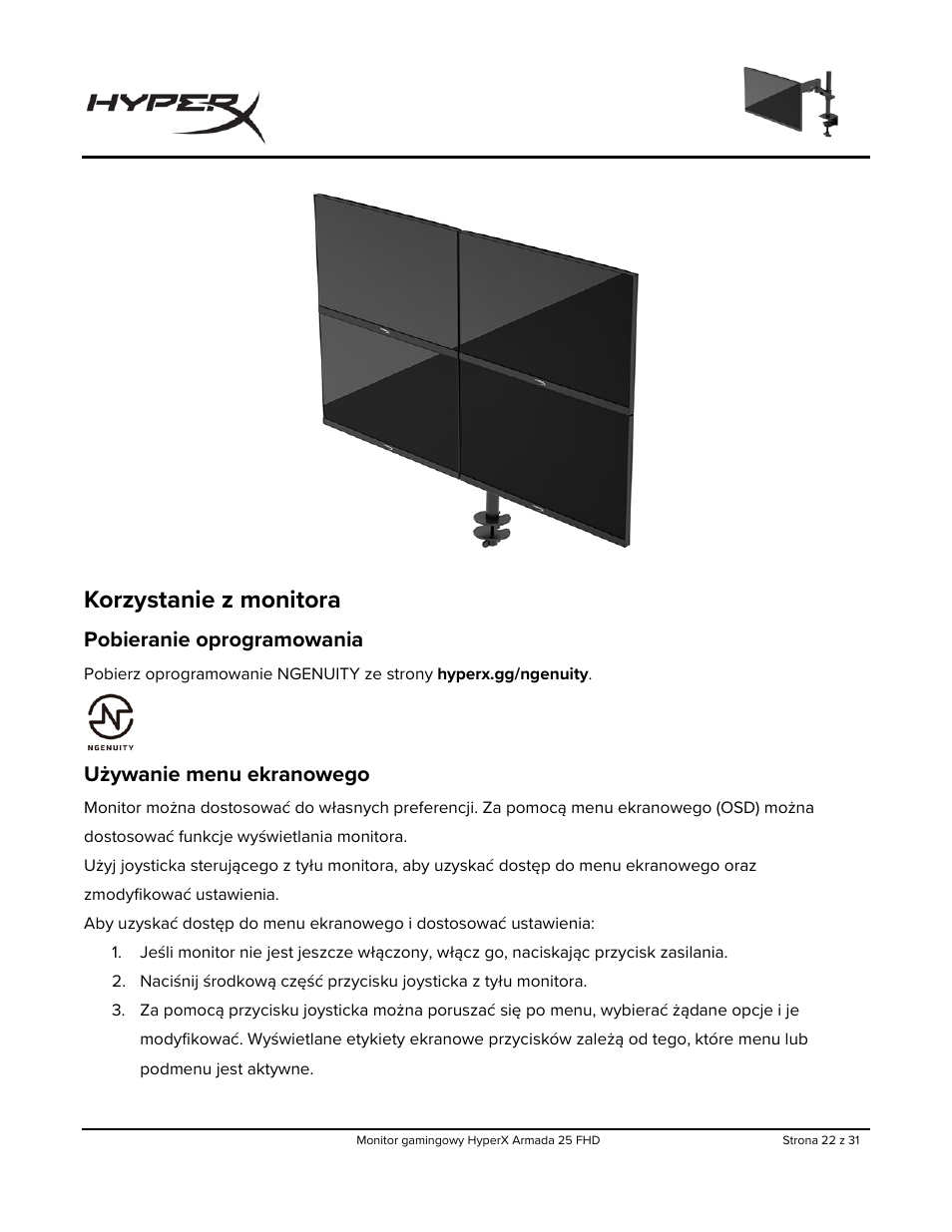 Korzystanie z monitora, Pobieranie oprogramowania, Używanie menu ekranowego | HyperX Armada 25 24.5" 240 Hz Gaming Monitor User Manual | Page 209 / 499