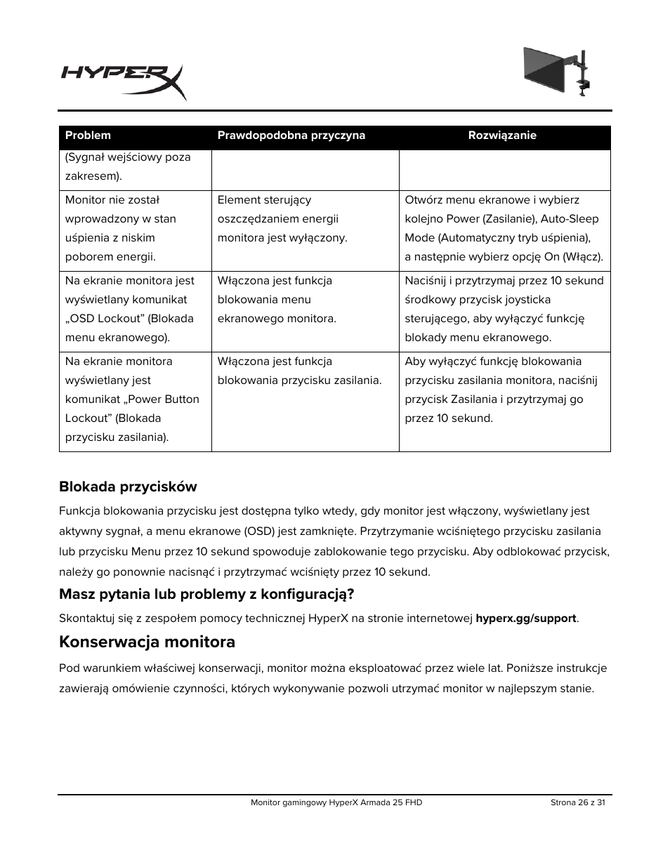 Blokada przycisków, Masz pytania lub problemy z konfiguracją, Konserwacja monitora | HyperX Armada 25 24.5" 240 Hz Gaming Monitor User Manual | Page 213 / 499