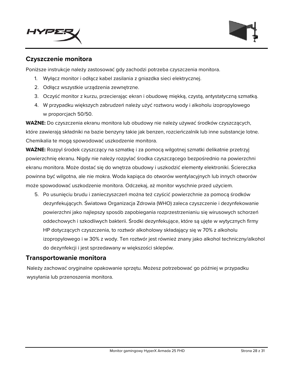 Czyszczenie monitora, Transportowanie monitora | HyperX Armada 25 24.5" 240 Hz Gaming Monitor User Manual | Page 215 / 499