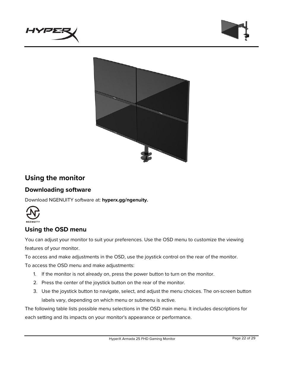 Using the monitor, Downloading software, Using the osd menu | HyperX Armada 25 24.5" 240 Hz Gaming Monitor User Manual | Page 23 / 499