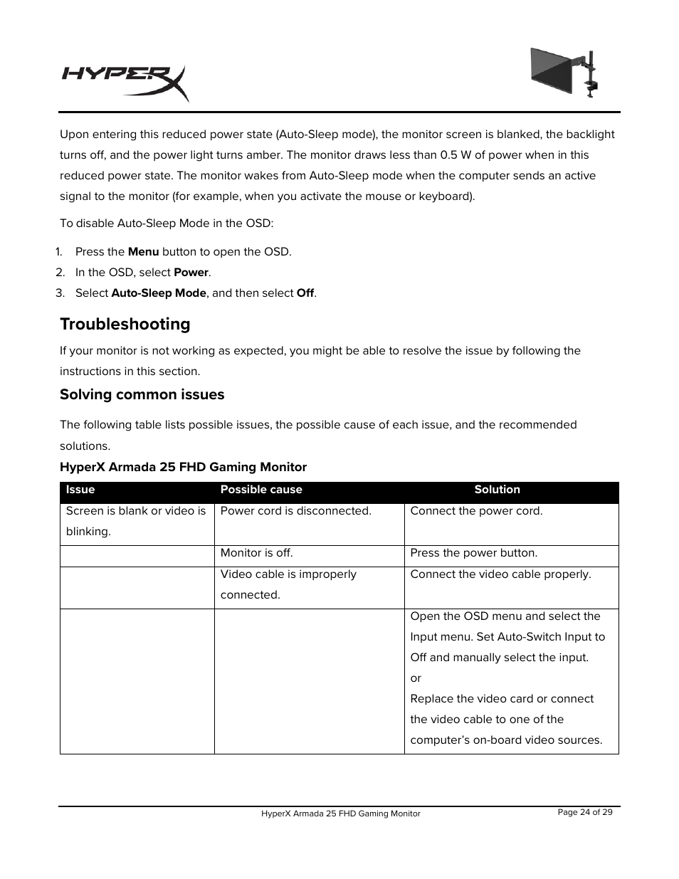 Troubleshooting, Solving common issues, Hyperx armada 25 fhd gaming monitor | HyperX Armada 25 24.5" 240 Hz Gaming Monitor User Manual | Page 25 / 499