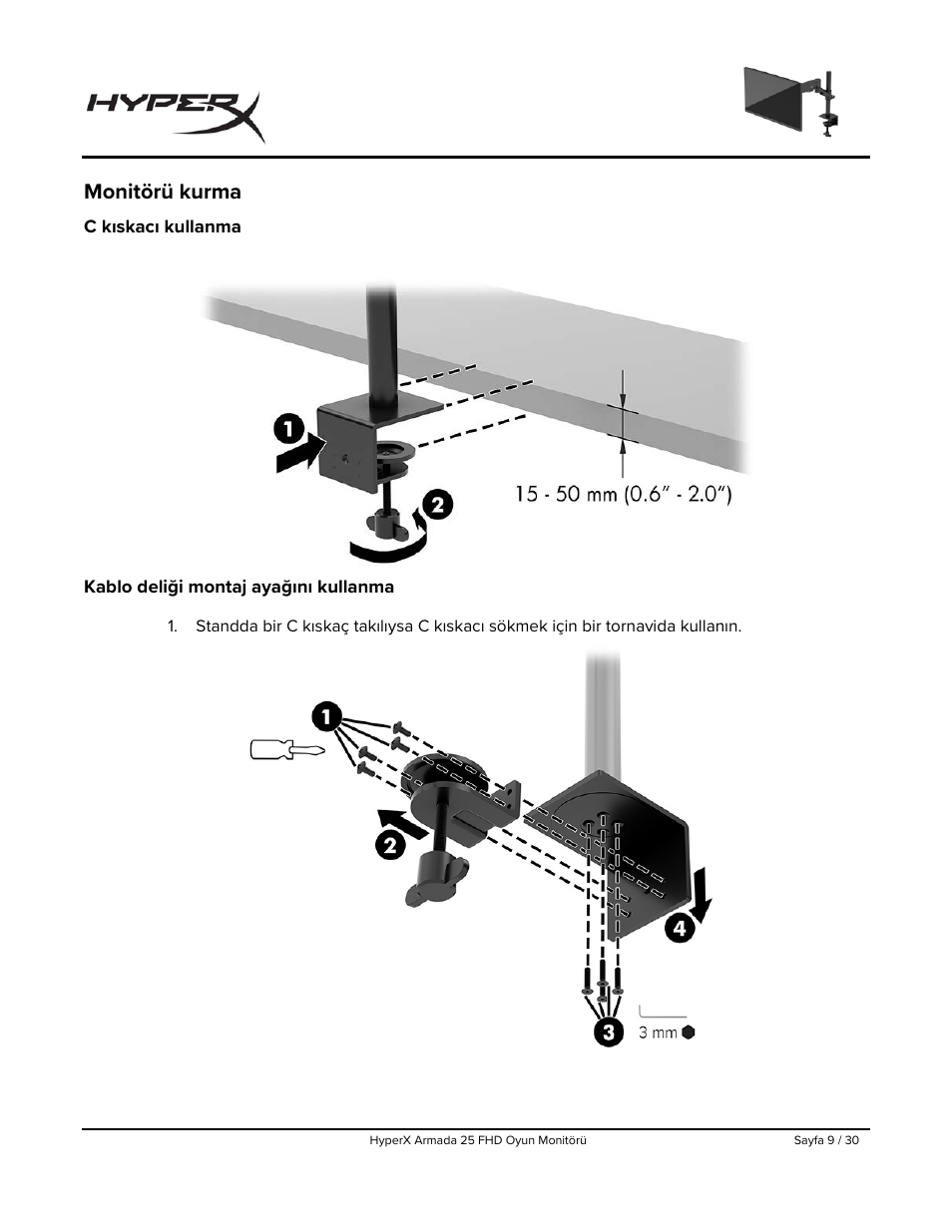 Monitörü kurma | HyperX Armada 25 24.5" 240 Hz Gaming Monitor User Manual | Page 259 / 499