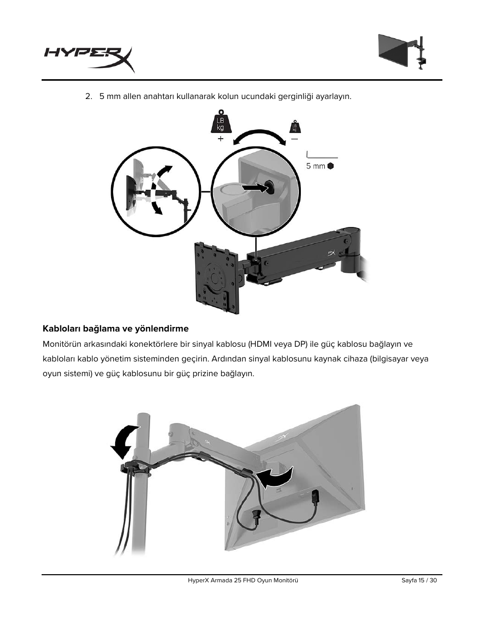 Kabloları bağlama ve yönlendirme | HyperX Armada 25 24.5" 240 Hz Gaming Monitor User Manual | Page 265 / 499