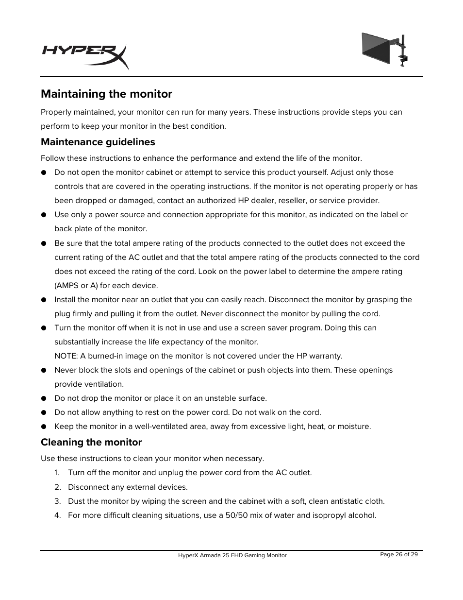 Maintaining the monitor, Maintenance guidelines, Cleaning the monitor | HyperX Armada 25 24.5" 240 Hz Gaming Monitor User Manual | Page 27 / 499