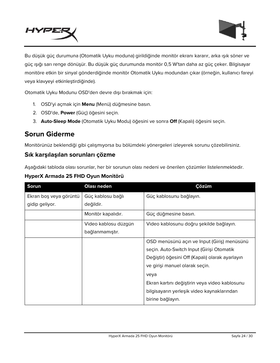 Sorun giderme, Sık karşılaşılan sorunları çözme, Hyperx armada 25 fhd oyun monitörü | HyperX Armada 25 24.5" 240 Hz Gaming Monitor User Manual | Page 274 / 499