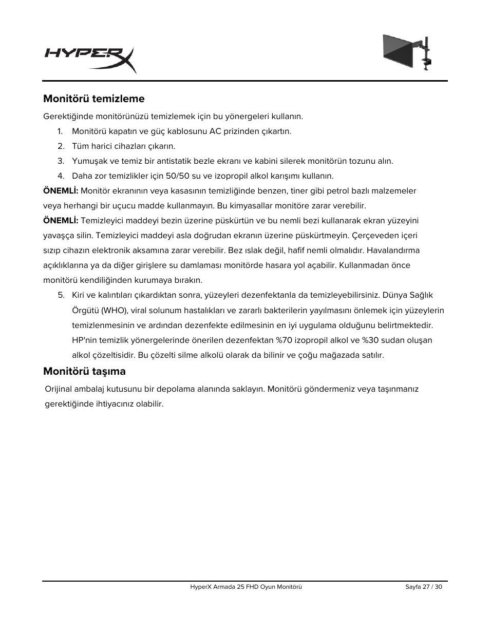 Monitörü temizleme, Monitörü taşıma | HyperX Armada 25 24.5" 240 Hz Gaming Monitor User Manual | Page 277 / 499