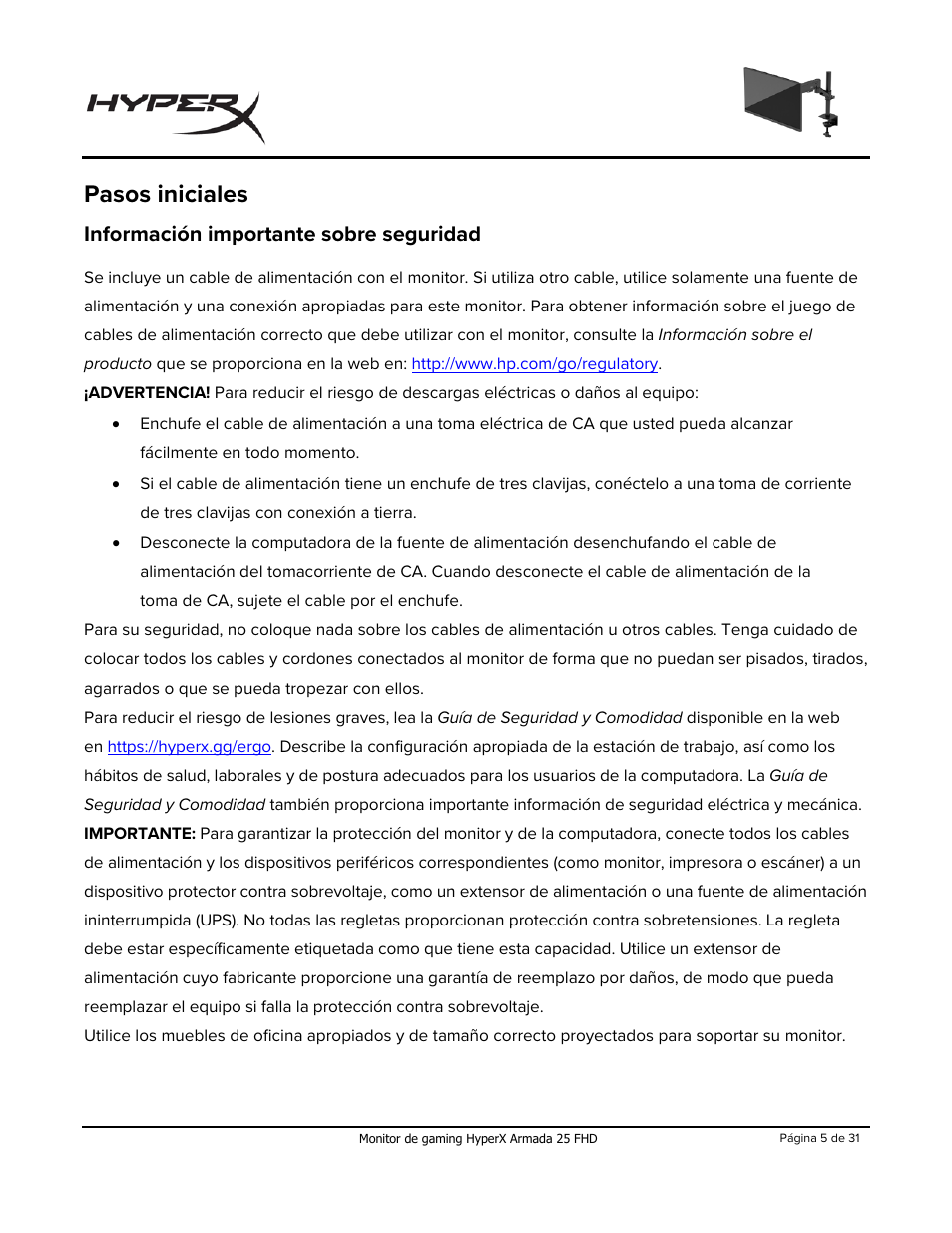 Pasos iniciales, Información importante sobre seguridad | HyperX Armada 25 24.5" 240 Hz Gaming Monitor User Manual | Page 35 / 499