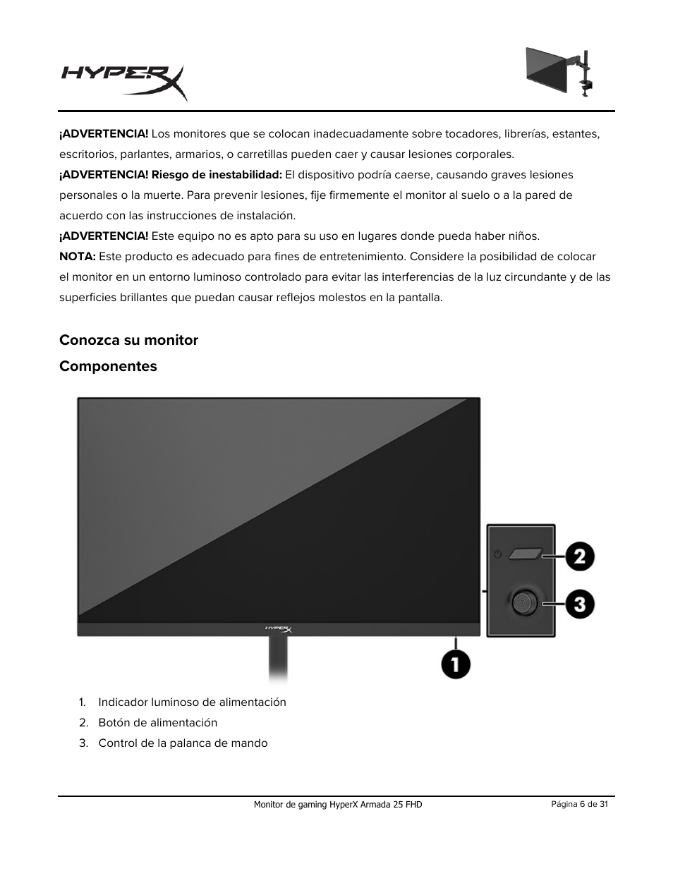 Conozca su monitor, Componentes, Conozca su monitor componentes | HyperX Armada 25 24.5" 240 Hz Gaming Monitor User Manual | Page 36 / 499