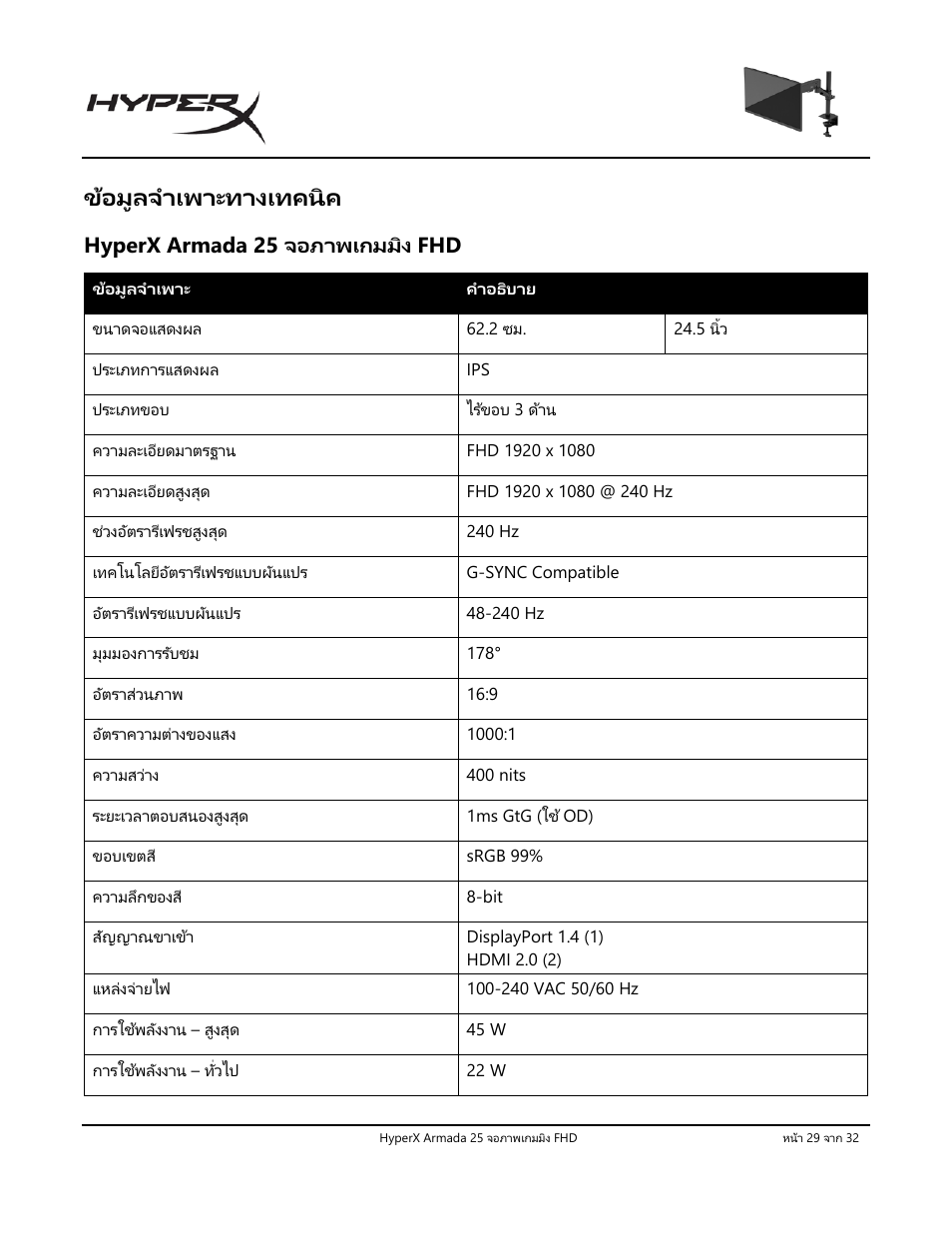 ข้อมูลจําเพาะทางเทคนิค, Perx armada, จอภาพเกมมิง | Hyperx armada 25 จอภาพเกมมิง fhd | HyperX Armada 25 24.5" 240 Hz Gaming Monitor User Manual | Page 374 / 499