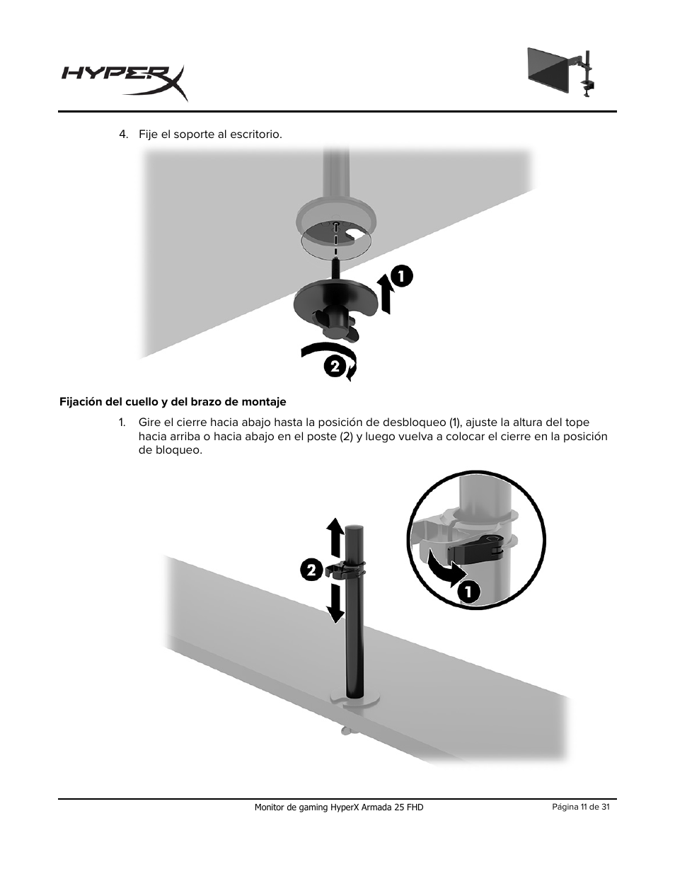 Fijación del cuello y del brazo de montaje | HyperX Armada 25 24.5" 240 Hz Gaming Monitor User Manual | Page 41 / 499